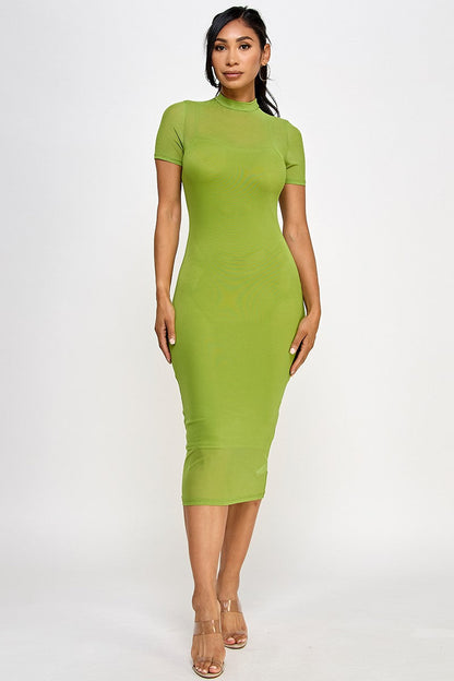 Belinda Sheer Mock Neck Bodycon Mesh Midi Dress