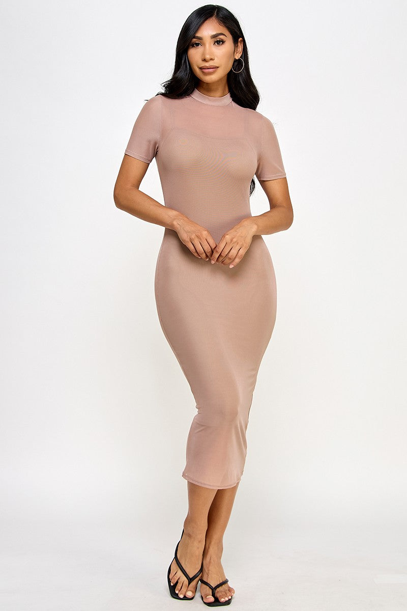 Belinda Sheer Mock Neck Bodycon Mesh Midi Dress