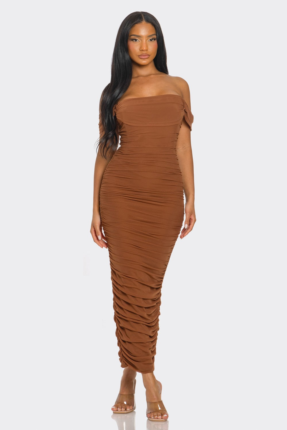 Soraya Ruched Off Shoulder Mesh Midi Dress