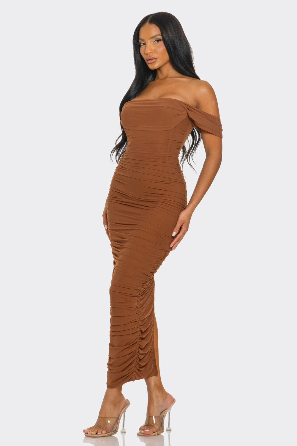 Soraya Ruched Off Shoulder Mesh Midi Dress