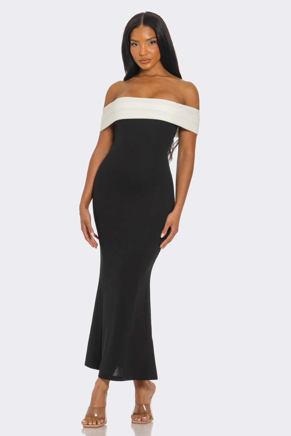 Isabel Contrast Trim Off Shoulder Midi Dress