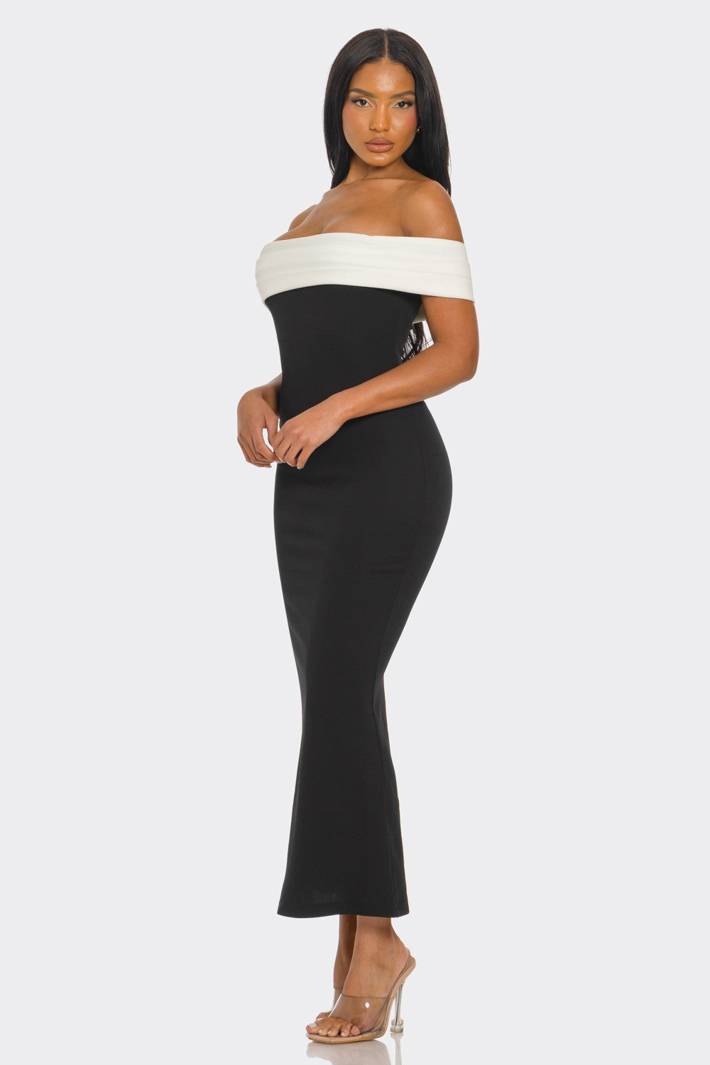 Isabel Contrast Trim Off Shoulder Midi Dress