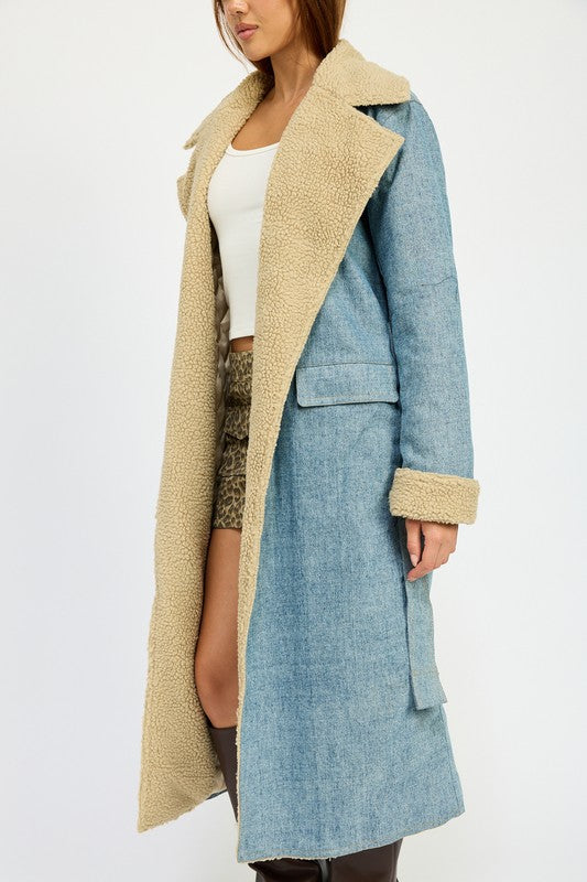 Penelope Faux Fur Lined Denim Maxi Aviator Coat