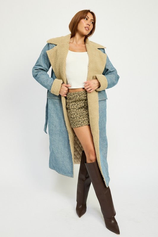 Penelope Faux Fur Lined Denim Maxi Aviator Coat