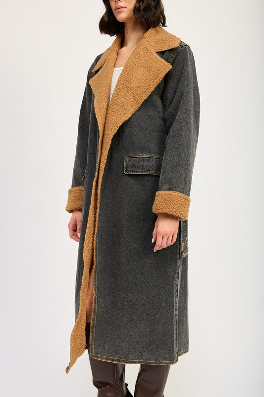 Penelope Faux Fur Lined Denim Maxi Aviator Coat