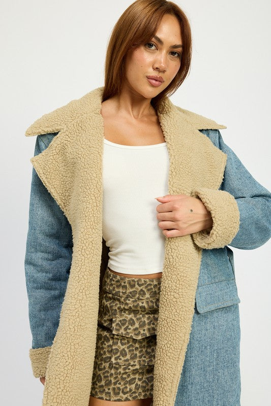 Penelope Faux Fur Lined Denim Maxi Aviator Coat