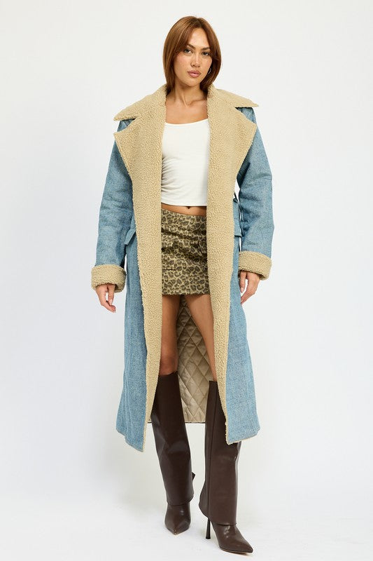 Penelope Faux Fur Lined Denim Maxi Aviator Coat