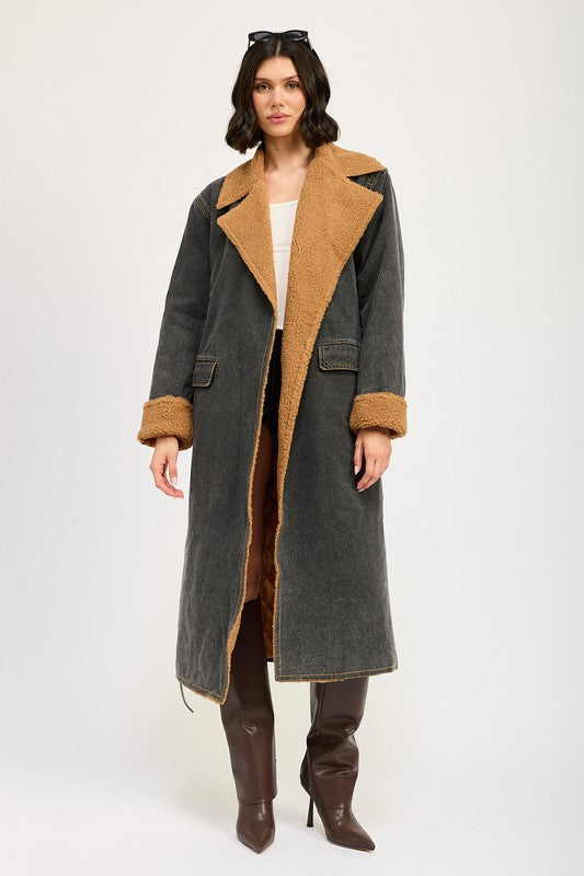 Penelope Faux Fur Lined Denim Maxi Aviator Coat