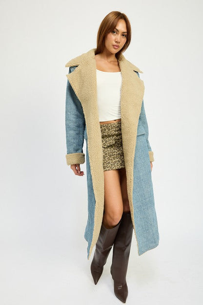 Penelope Faux Fur Lined Denim Maxi Aviator Coat