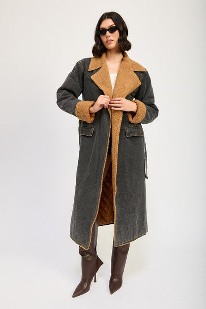 Penelope Faux Fur Lined Denim Maxi Aviator Coat