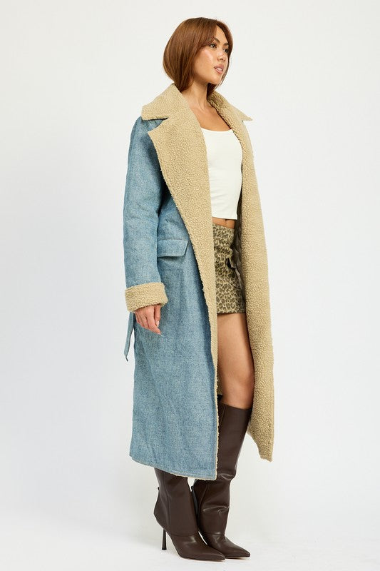 Penelope Faux Fur Lined Denim Maxi Aviator Coat