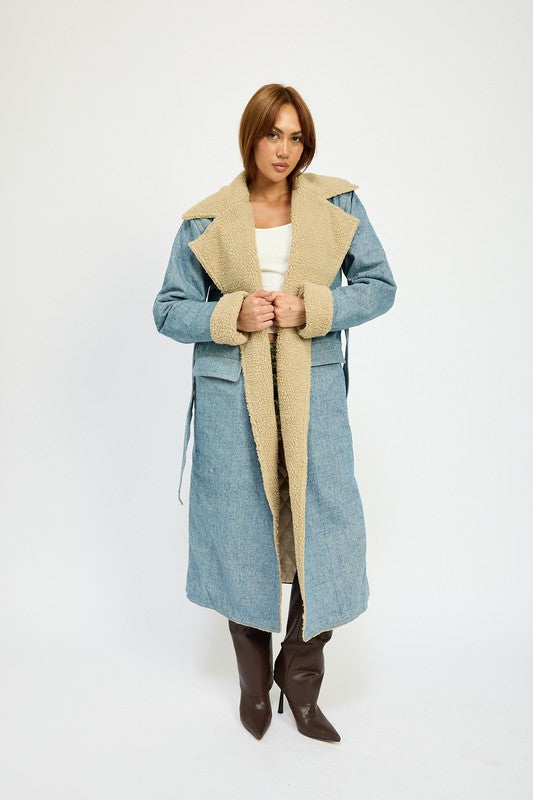 Penelope Faux Fur Lined Denim Maxi Aviator Coat