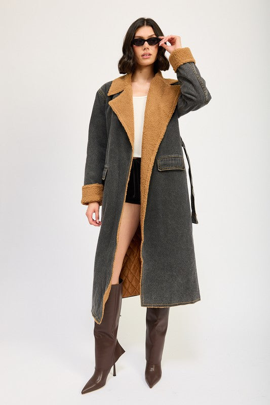 Penelope Faux Fur Lined Denim Maxi Aviator Coat