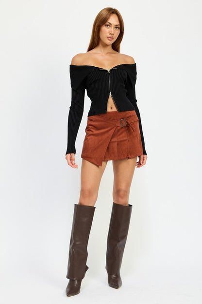 Charlie Wrap Front Suede Pleated Mini Skirt