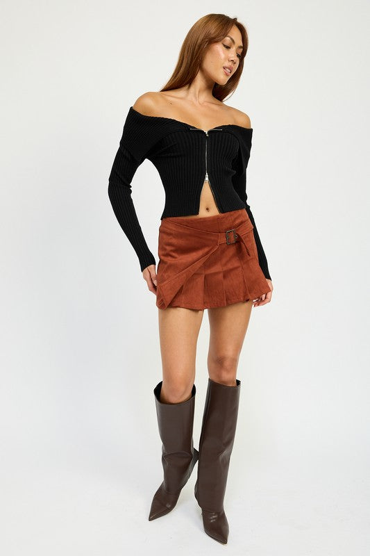 Charlie Wrap Front Suede Pleated Mini Skirt