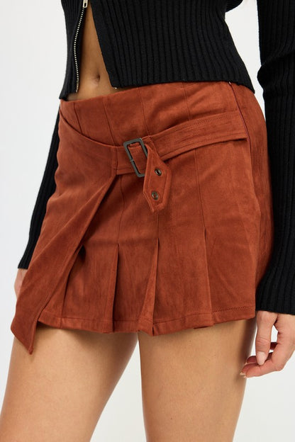 Charlie Wrap Front Suede Pleated Mini Skirt