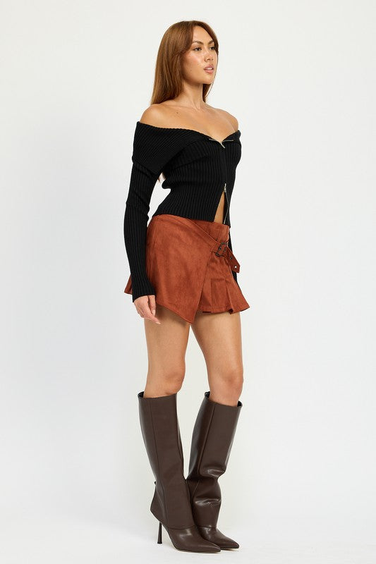 Charlie Wrap Front Suede Pleated Mini Skirt