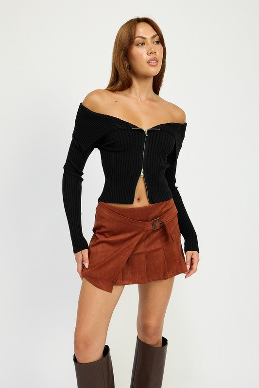 Charlie Wrap Front Suede Pleated Mini Skirt