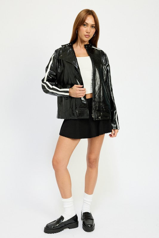 Tara Contrast Trim Oversized Faux Leather PU Moto Jacket