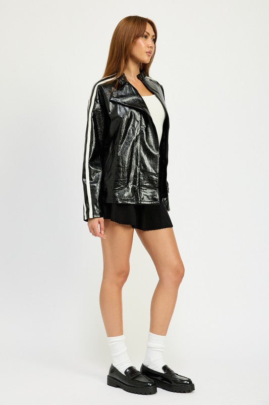 Tara Contrast Trim Oversized Faux Leather PU Moto Jacket