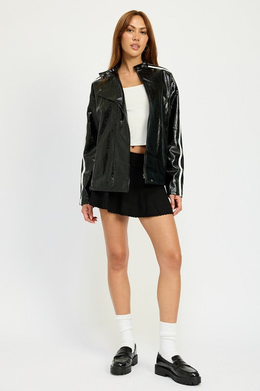 Tara Contrast Trim Oversized Faux Leather PU Moto Jacket