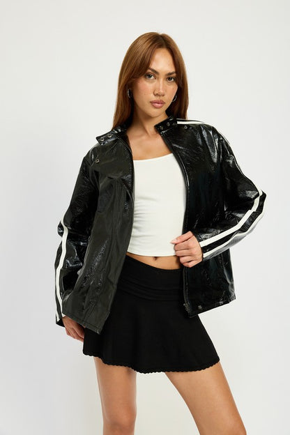 Tara Contrast Trim Oversized Faux Leather PU Moto Jacket