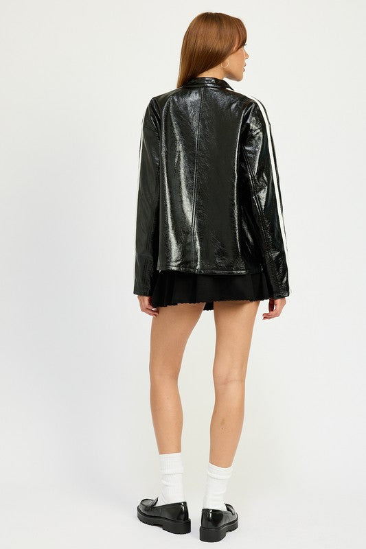 Tara Contrast Trim Oversized Faux Leather PU Moto Jacket