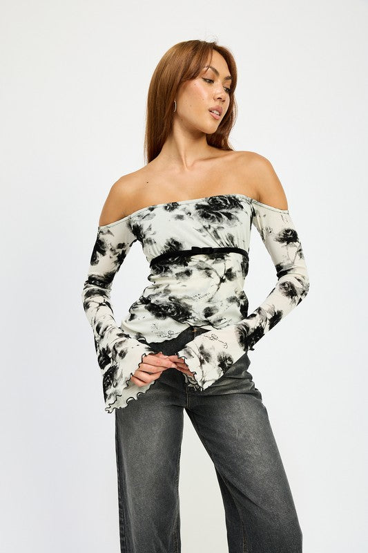 Storm Flower Print Off Shoulder Bell Sleeves Top