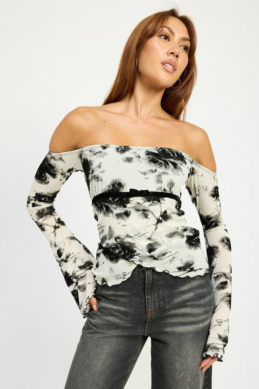 Storm Flower Print Off Shoulder Bell Sleeves Top