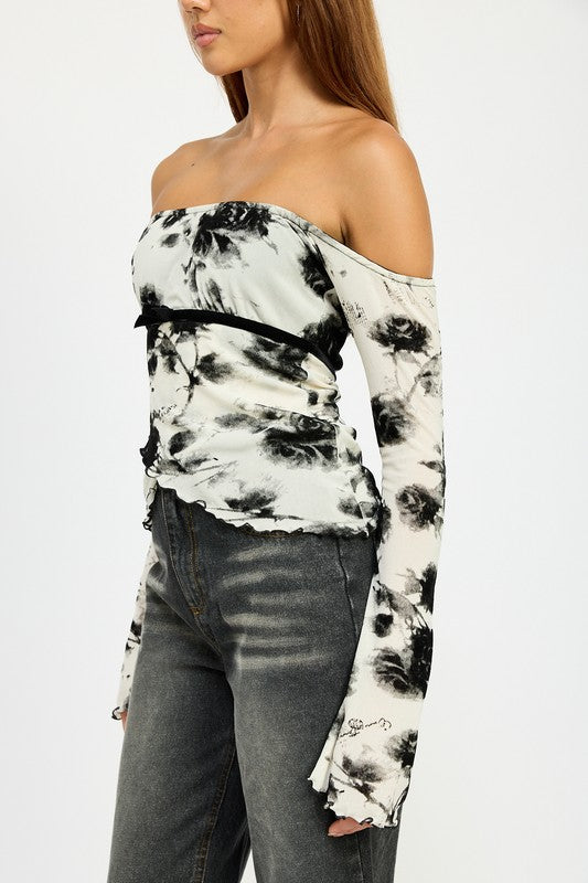 Storm Flower Print Off Shoulder Bell Sleeves Top