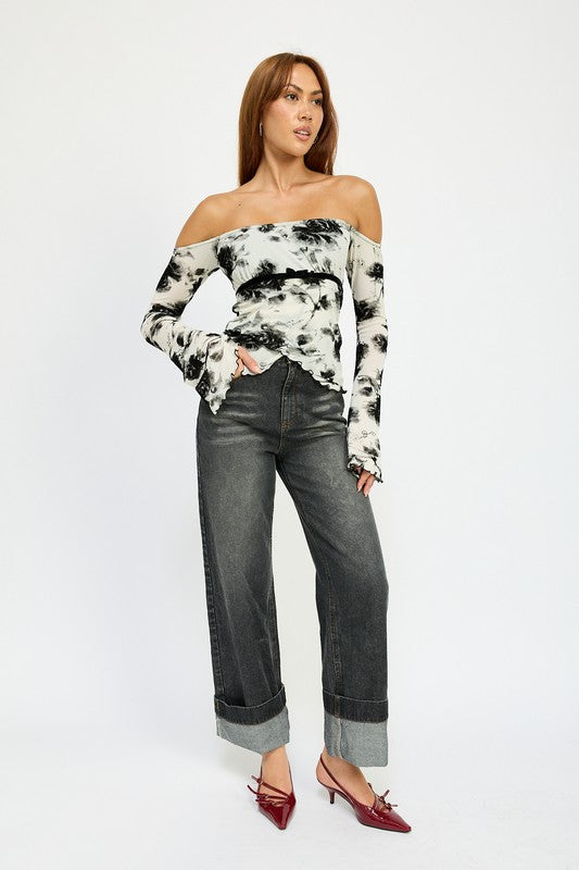 Storm Flower Print Off Shoulder Bell Sleeves Top