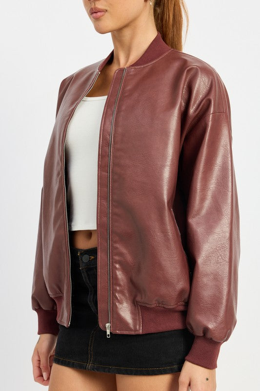 Junie Zip Front Vegan Leather Vintage Bomber Jacket