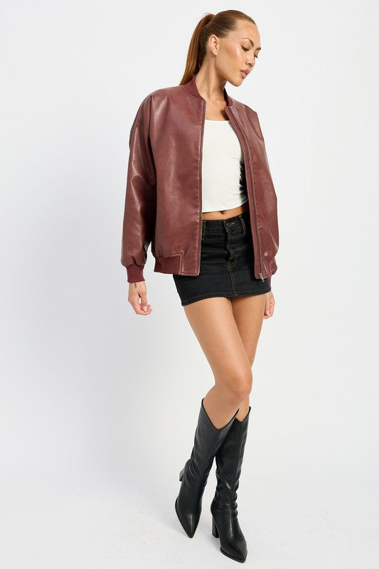 Junie Zip Front Vegan Leather Vintage Bomber Jacket