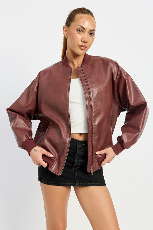 Junie Zip Front Vegan Leather Vintage Bomber Jacket