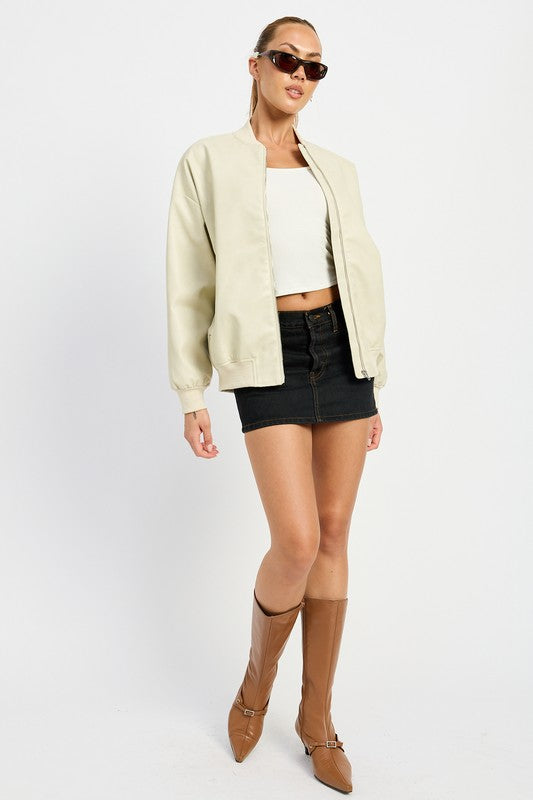 Junie Zip Front Vegan Leather Vintage Bomber Jacket