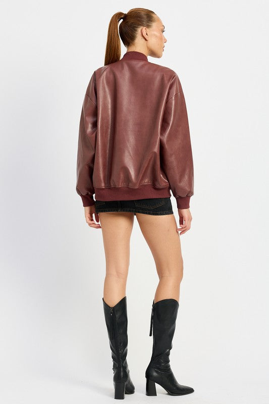 Junie Zip Front Vegan Leather Vintage Bomber Jacket