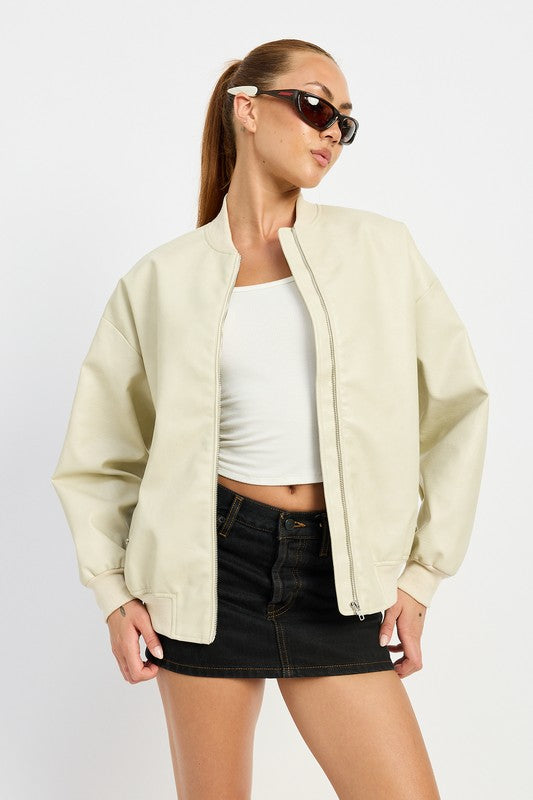 Junie Zip Front Vegan Leather Vintage Bomber Jacket