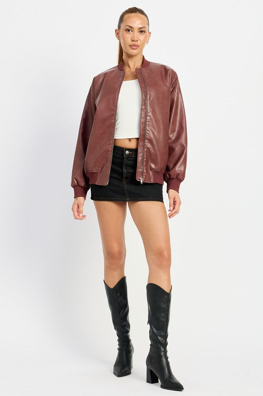 Junie Zip Front Vegan Leather Vintage Bomber Jacket