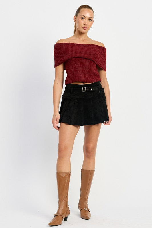 Jessica Belted Pleated Suede Mini Skort Skirt