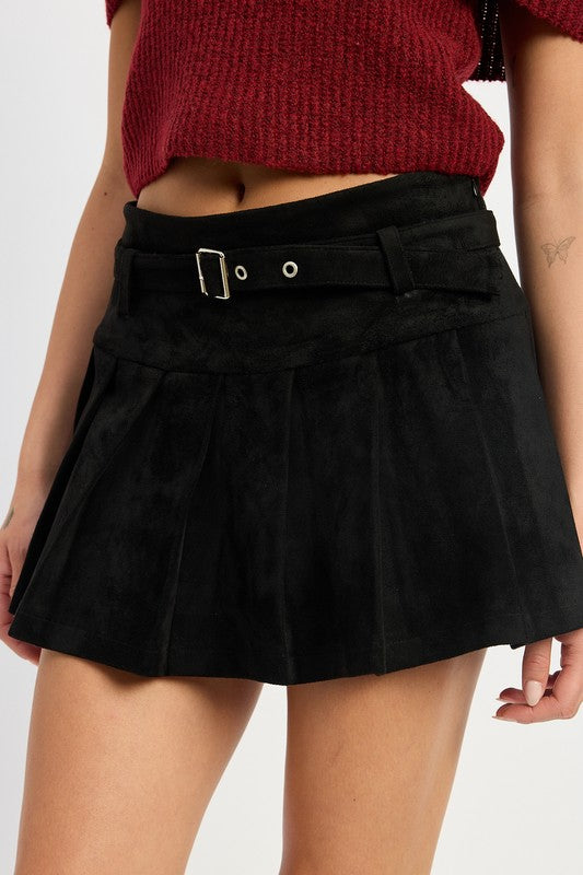 Jessica Belted Pleated Suede Mini Skort Skirt