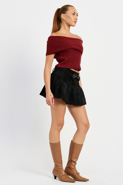 Jessica Belted Pleated Suede Mini Skort Skirt