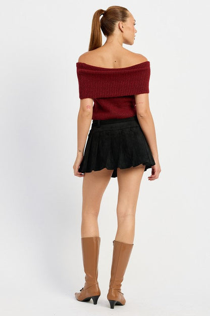 Jessica Belted Pleated Suede Mini Skort Skirt