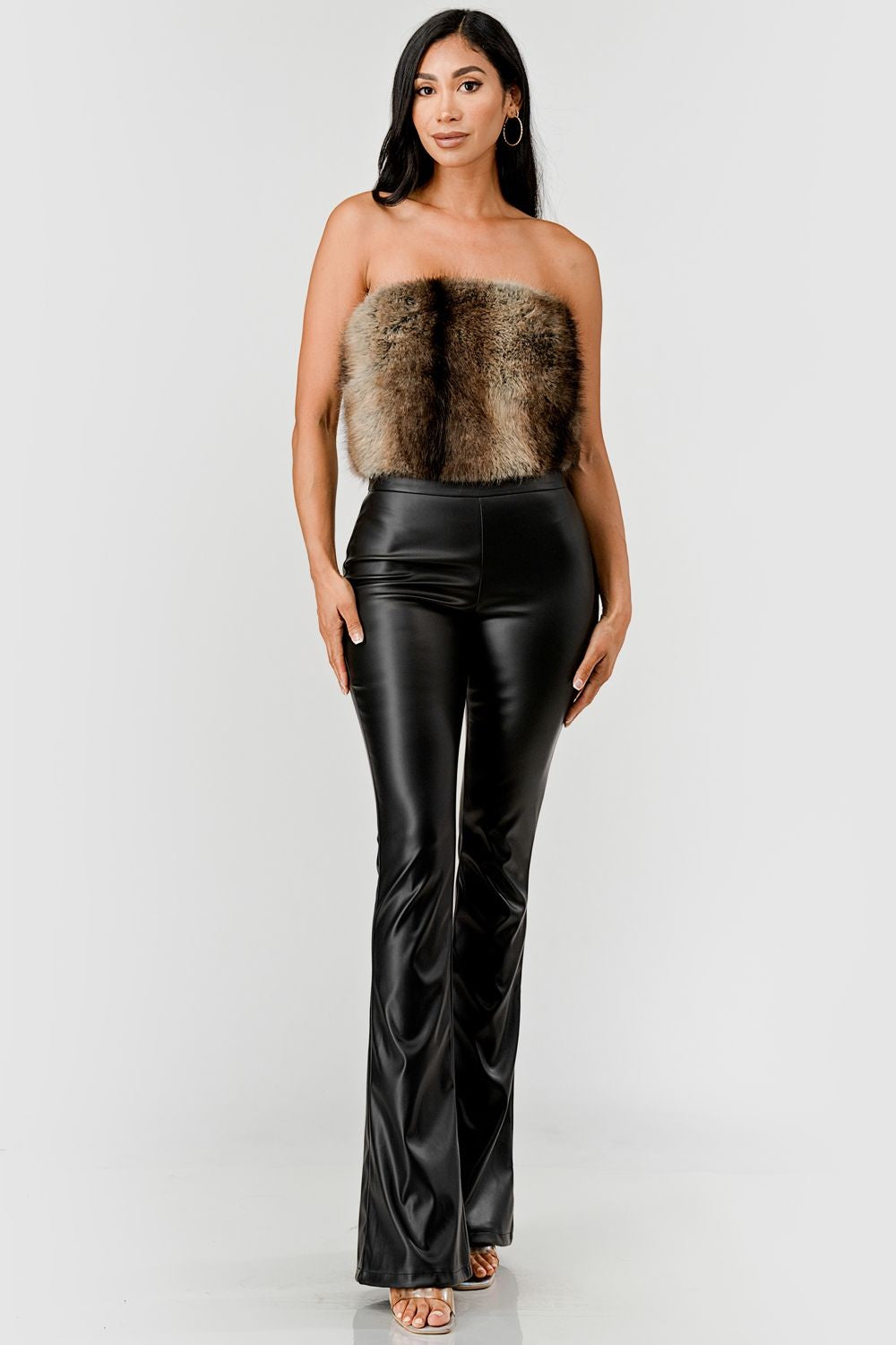 Minx Faux Fur Trim Strapless Vegan Leather Jumpsuit