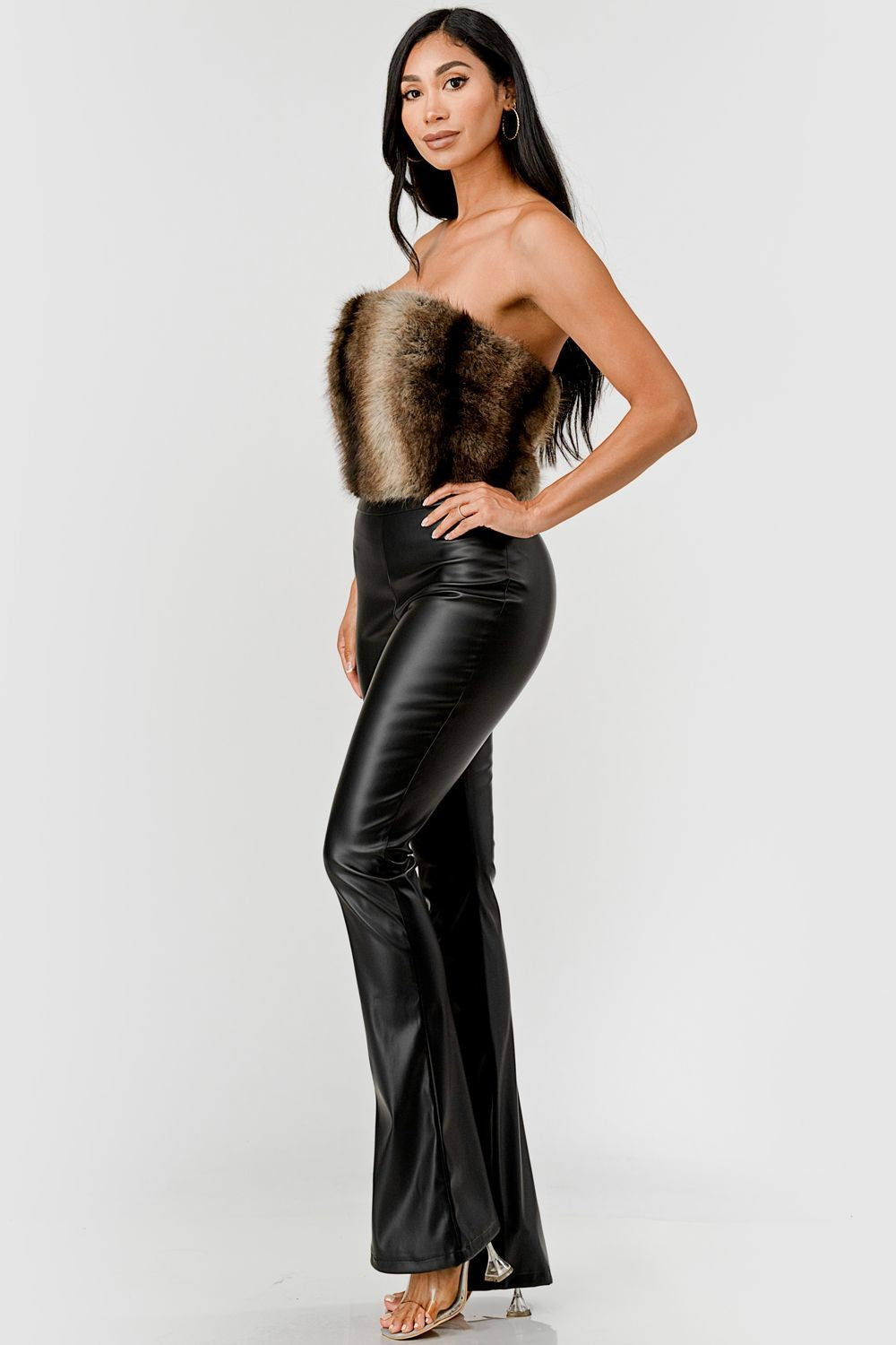 Minx Faux Fur Trim Strapless Vegan Leather Jumpsuit