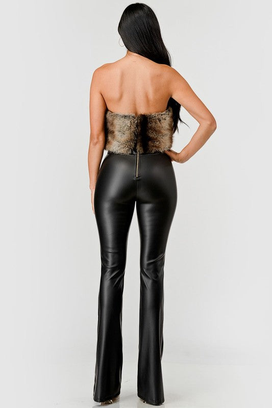 Minx Faux Fur Trim Strapless Vegan Leather Jumpsuit