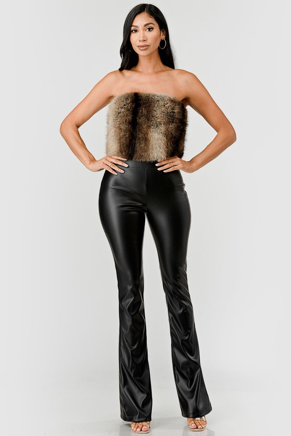 Minx Faux Fur Trim Strapless Vegan Leather Jumpsuit