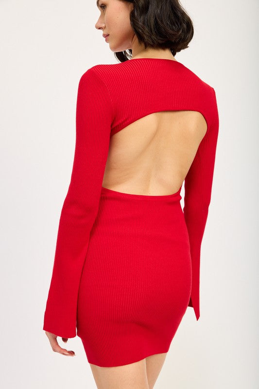 Adriene Rib Knit Bell Sleeves Open Back Mini Dress