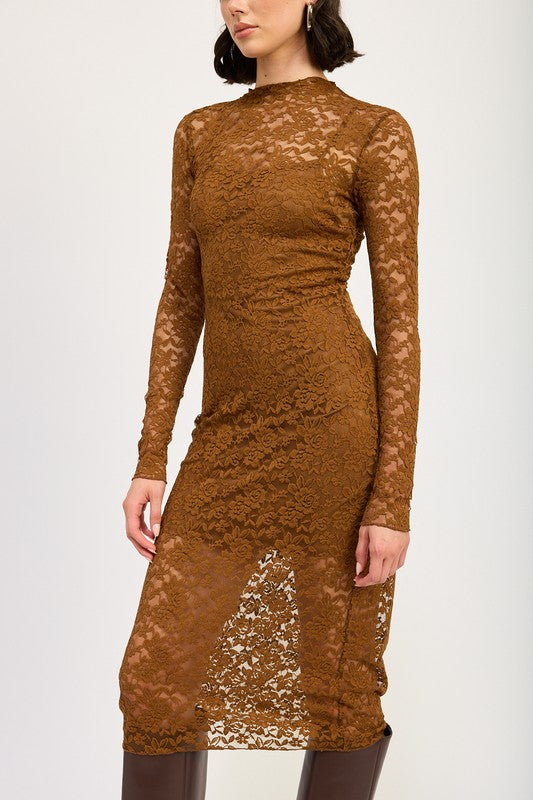 Coralie Mock Neck Lace Overlay Midi Dress