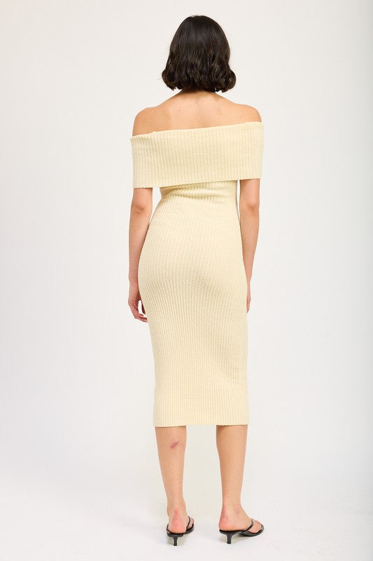 Melissa Bardot Fold Over Rib Knit Bodycon Midi Dress