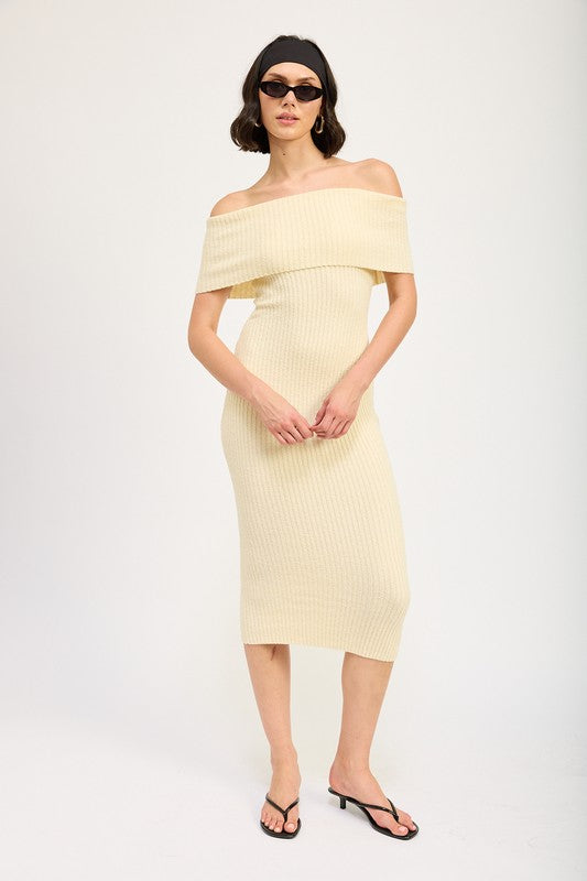 Melissa Bardot Fold Over Rib Knit Bodycon Midi Dress